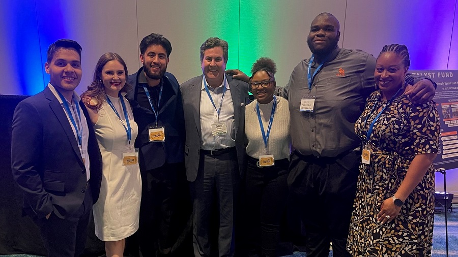 (From left) ELITE/evolve Outreach Specialist Edwin Cantu, Rachel Hill, David Alcala, Texas State University System Chancellor Brian McCall, Kayla Hoover, Mike Agwuncha and Assistant Director Tiffany Driver